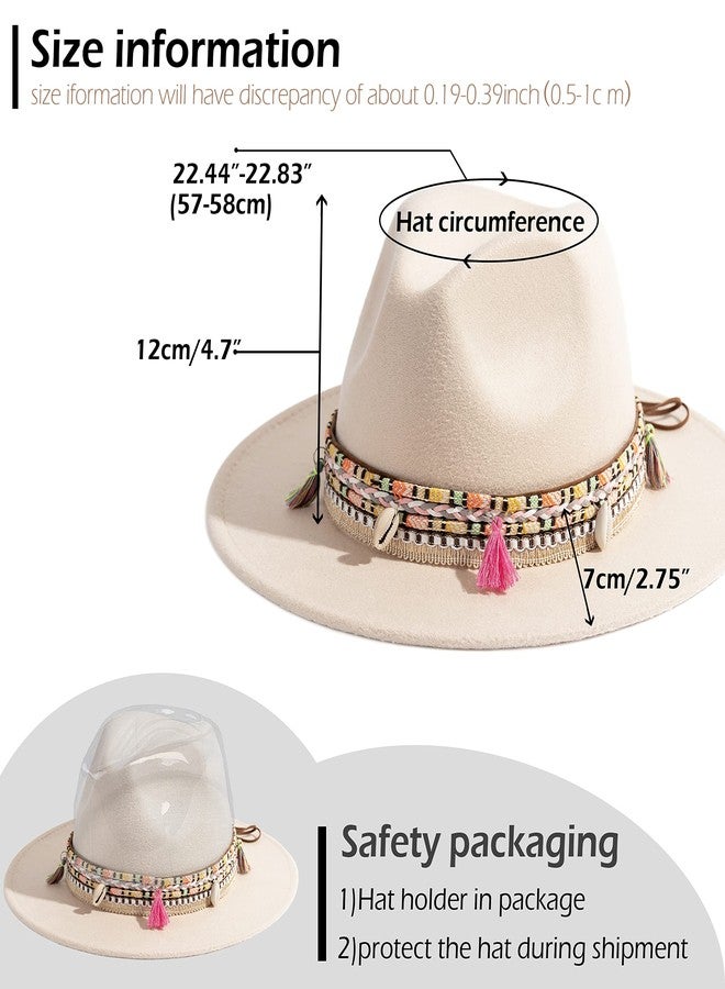 Gossifan Women's Felt Fedora Hat Wide Brim Panama Hats with Tassel-Beige - Image 5